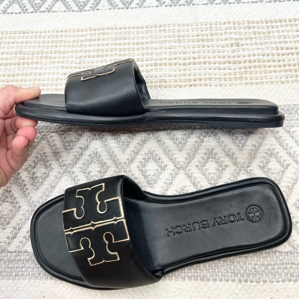 Tory Burch Black Sandals with Gold Accents - Picture 5 of 7